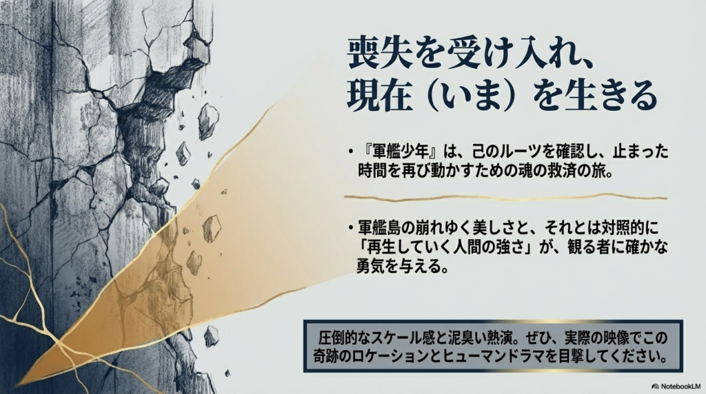 軍艦島の崩れゆく美しさと人間の再生を対比させ、この物語が「止まった時間を再び動かすための救済の旅」であることを総括する最終スライド。