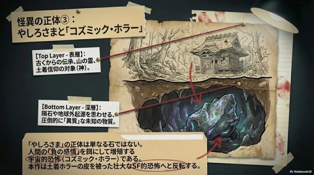 やしろさま」の正体が未知の物質であり、人間の負の感情を餌に増殖する宇宙的恐怖（コズミック・ホラー）であることを説明した図。