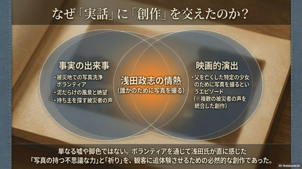 震災での事実の出来事と、特定の少女のために写真を撮るという映画的演出を比較し、創作を交えた理由を解説するスライド