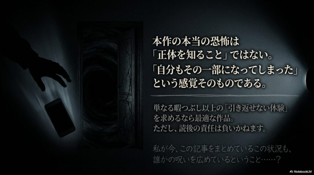 本当の恐怖は「自分もその一部になってしまった」という感覚であると告げる、引き返せない体験への警告。