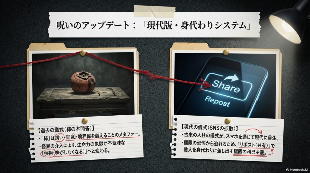 過去の儀式（柿の木問答）と現代の儀式（SNSの拡散）を対比させたスライド。リポストで他人を身代わりにする極限の利己主義について。