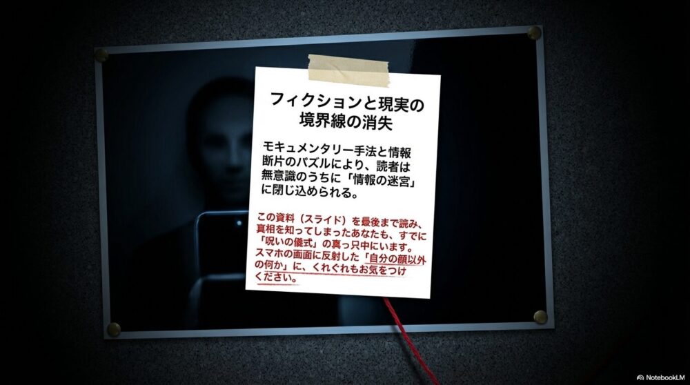 「この資料を最後まで読み、真相を知ってしまったあなたも、すでに呪いの儀式の真っ只中にいます」という、読者への直接的な警告が書かれた最終スライド。