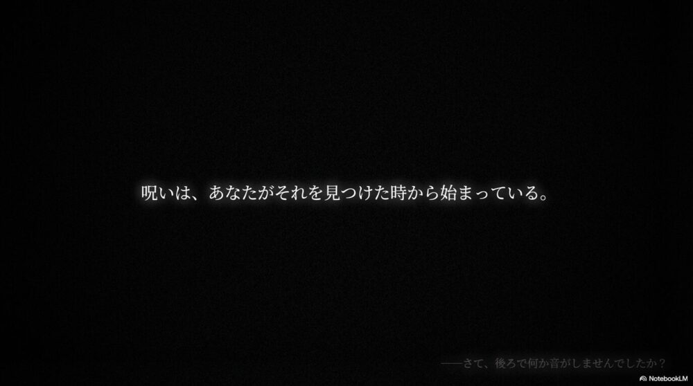 「呪いは、あなたがそれを見つけた時から始まっている」という不穏なメッセージで締めくくるスライド