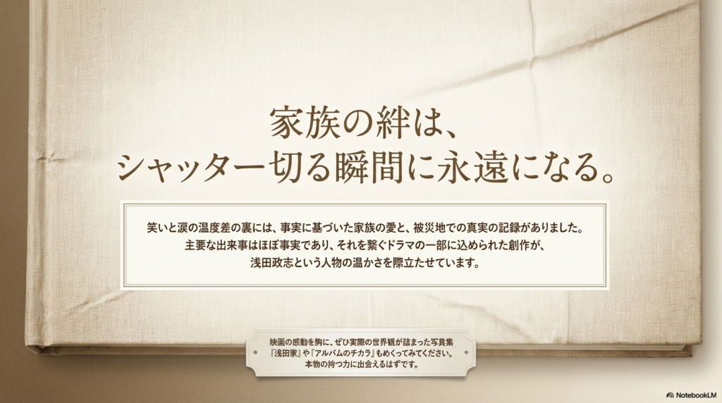笑いと涙の裏にある事実に基づいた家族の愛と被災地の記録についてまとめ、写真集をおすすめする結びのスライド
